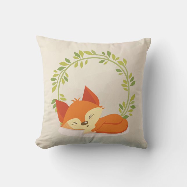 Cute Sleeping Orange Fox with Green Leaves Wreath Throw Pillow (Front)