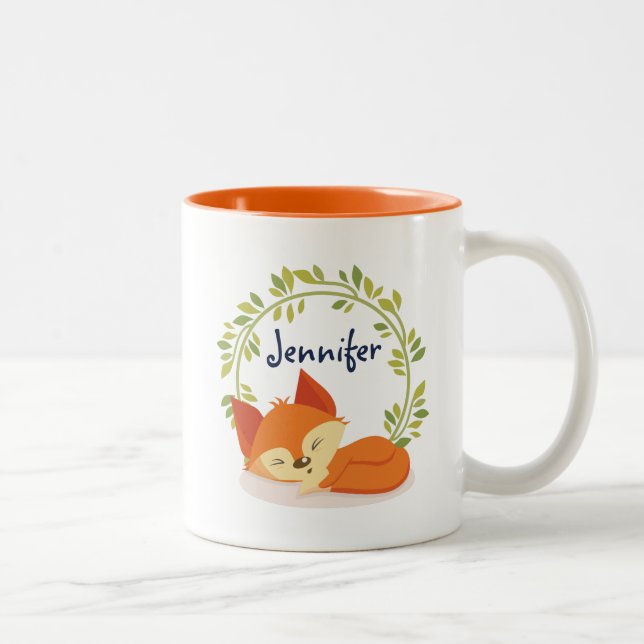 Cute Sleeping Orange Fox with Green Leaves Wreath Two-Tone Coffee Mug (Right)