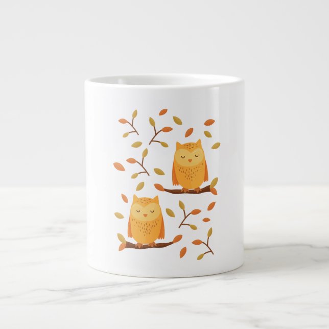 Cute Sleeping Owls Autumn 🦉 Large Coffee Mug (Front)