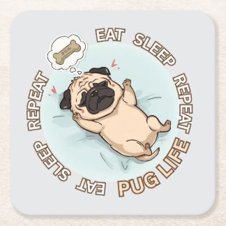 Cute Sleeping Pug Paper Coaster | Eat Sleep Repeat