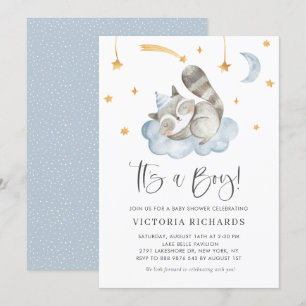 Cute Sleeping Raccoon Blue It's a Boy Baby Shower Invitation