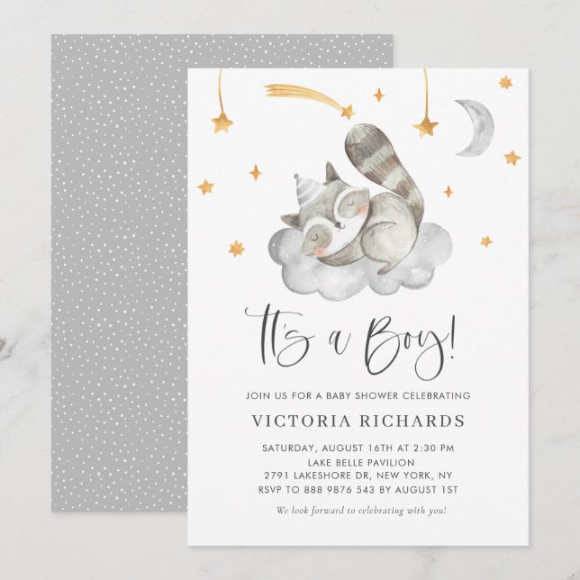 Cute Sleeping Raccoon Grey It's a Boy Baby Shower Invitation (Front/Back)