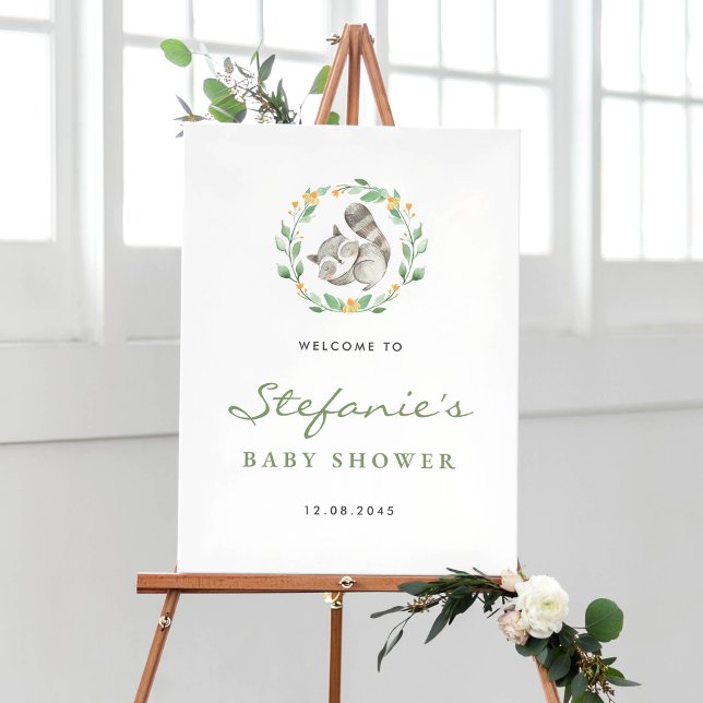 Cute Sleeping Raccoon Wreath Baby Shower Welcome Poster (Creator Uploaded)