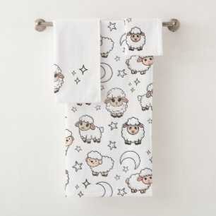 Cute Sleeping Sheep and Moon with Stars Bath Towel Set