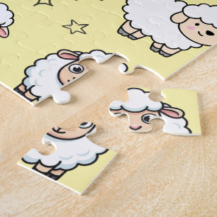 Cute Sleeping Sheep and Moon with Stars Jigsaw Puzzle