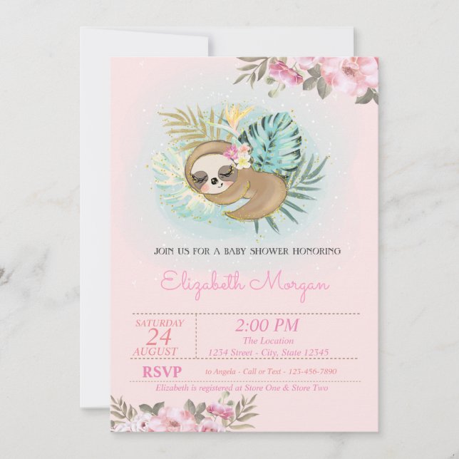 Cute Sleeping Sloth Floral Baby Shower  Invitation (Front)