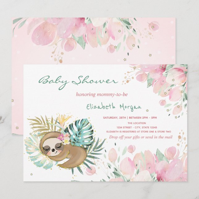 Cute Sleeping Sloth Flowers Baby Shower  Invitation (Front/Back)
