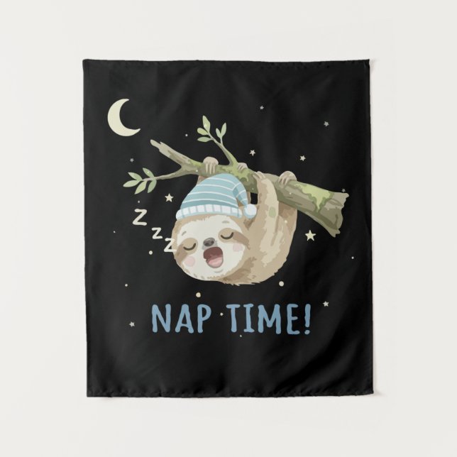 Cute Sleeping Sloth "Nap Time!" Cartoon  Tapestry (Front)