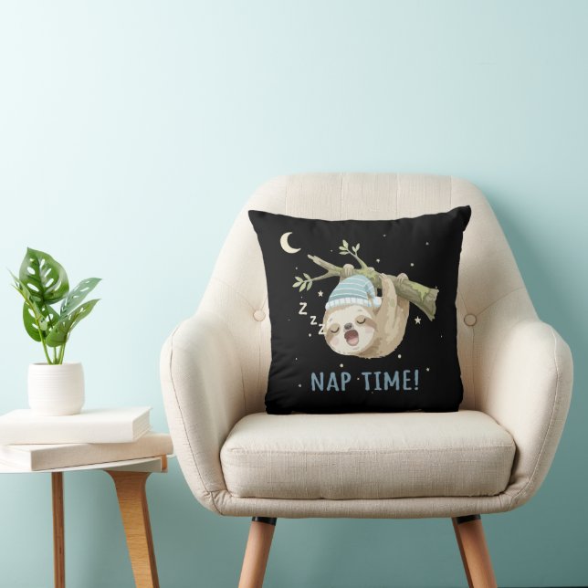 Cute Sleeping Sloth "Nap Time!" Cartoon  Throw Pillow (Chair)