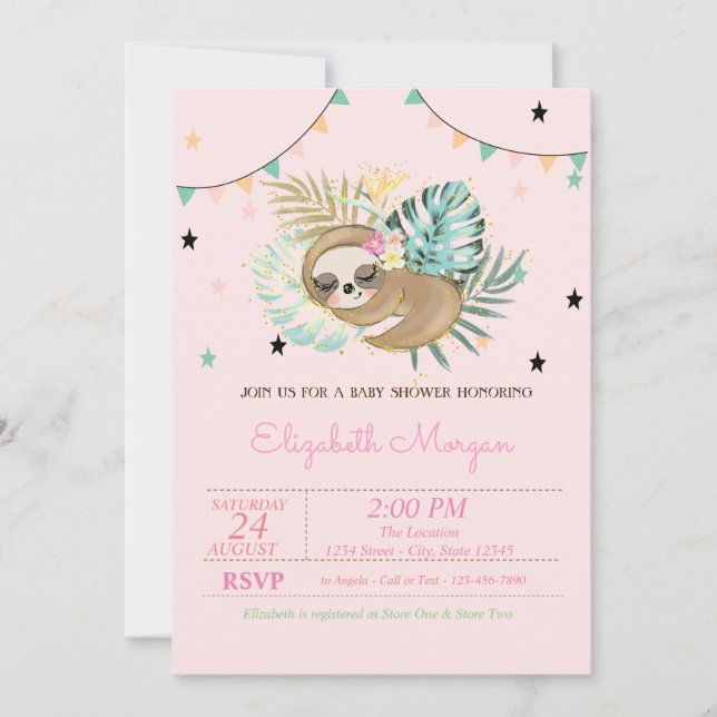 Cute Sleeping Sloth Tropical Leaves Baby Shower  Invitation (Front)