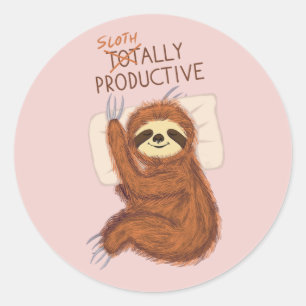 Cute Sleeping Sloth with Pillow and Funny Text Classic Round Sticker