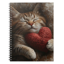 CUTE SLEEPING TABBY CAT WITH HEART PILLOW