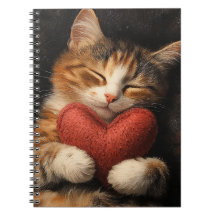CUTE SLEEPING TABBY CAT WITH HEART PILLOW