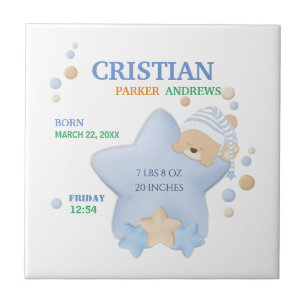 Cute Sleeping Teddy Bear Baby Boy Birth Stats Cera Tile