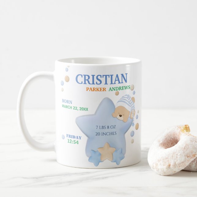 Cute Sleeping Teddy Bear Baby Boy Birth Stats Coff Coffee Mug (With Donut)