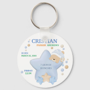 Cute Sleeping Teddy Bear Baby Boy Birth Stats Keyc Keychain