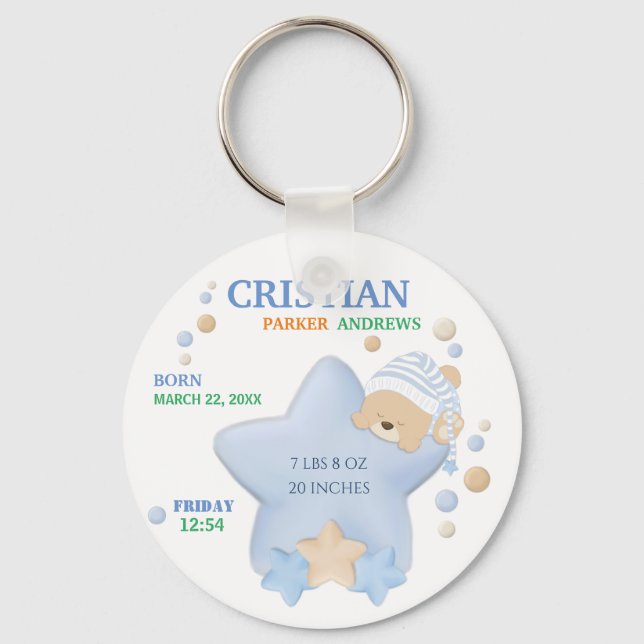 Cute Sleeping Teddy Bear Baby Boy Birth Stats Keyc Keychain (Front)