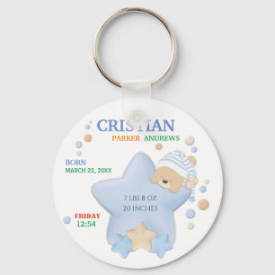 Cute Sleeping Teddy Bear Baby Boy Birth Stats Keychain