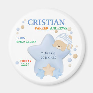 Cute Sleeping Teddy Bear Baby Boy Birth Stats Magn Magnet