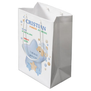 Cute Sleeping Teddy Bear Baby Boy Birth Stats Medi Medium Gift Bag