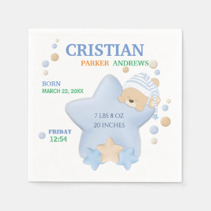 Cute Sleeping Teddy Bear Baby Boy Birth Stats Napkin
