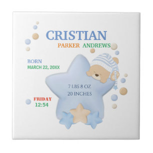 Cute Sleeping Teddy Bear Baby Boy Birth Stats Tile