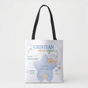 Cute Sleeping Teddy Bear Baby Boy Birth Stats Tote Bag