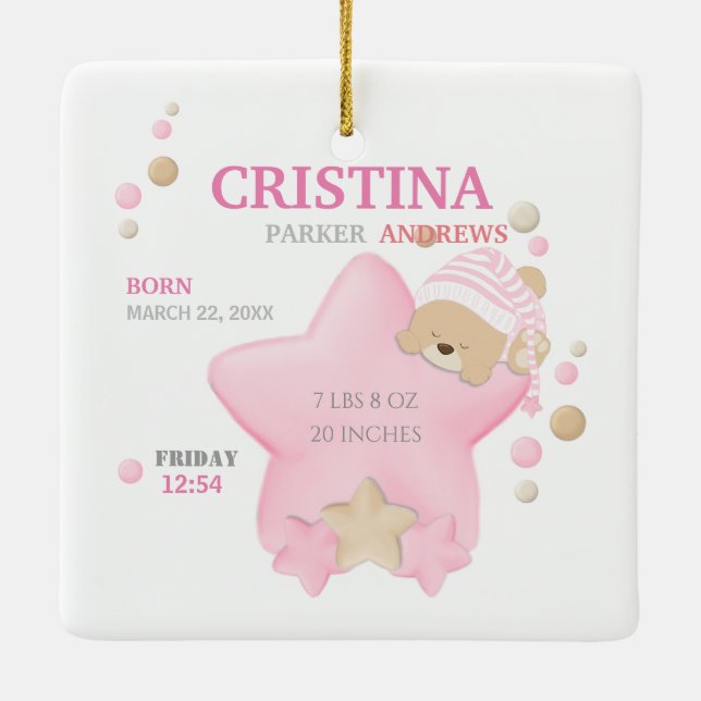 Cute Sleeping Teddy Bear Baby Girl Birth Stats Ceramic Ornament (Back)