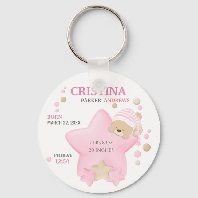 Cute Sleeping Teddy Bear Baby Girl Birth Stats Key Keychain (Front)