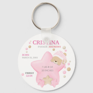 Cute Sleeping Teddy Bear Baby Girl Birth Stats Keychain