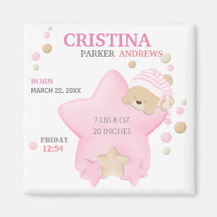 Cute Sleeping Teddy Bear Baby Girl Birth Stats Mag Magnet