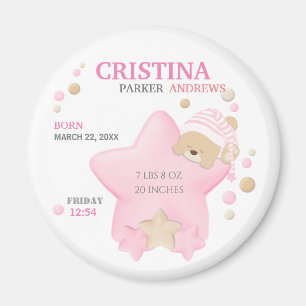 Cute Sleeping Teddy Bear Baby Girl Birth Stats Mag Magnet