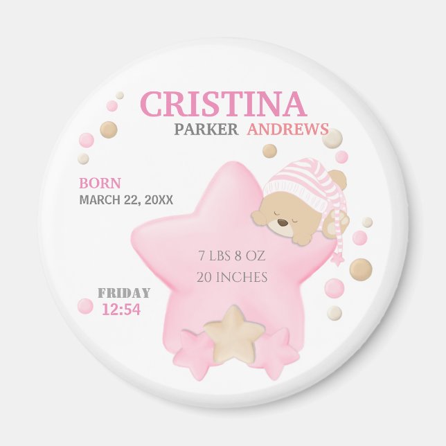 Cute Sleeping Teddy Bear Baby Girl Birth Stats Mag Magnet (Front)