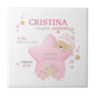 Cute Sleeping Teddy Bear Baby Girl Birth Stats Tile