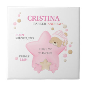 Cute Sleeping Teddy Bear Baby Girl Birth Stats Tile
