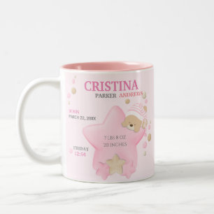 Cute Sleeping Teddy Bear Baby Girl Birth Stats Two Two-Tone Coffee Mug