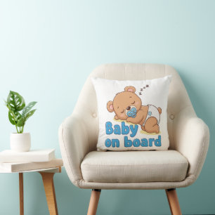 Cute Sleeping Teddy Bear Baby on Board Cartoon Throw Pillow