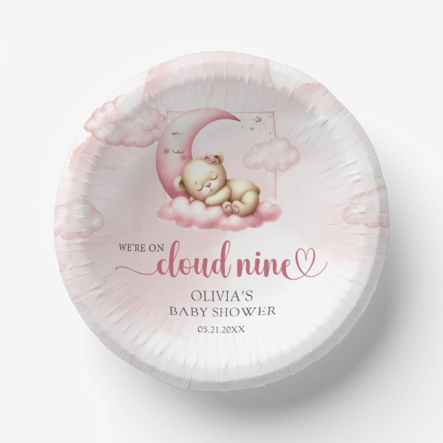 Cute sleeping teddy bear cloud nine pink girl paper plate (Front)