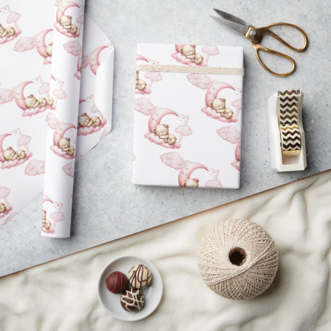 Cute sleeping teddy bear cloud nine pink girl wrapping paper (Crafts)