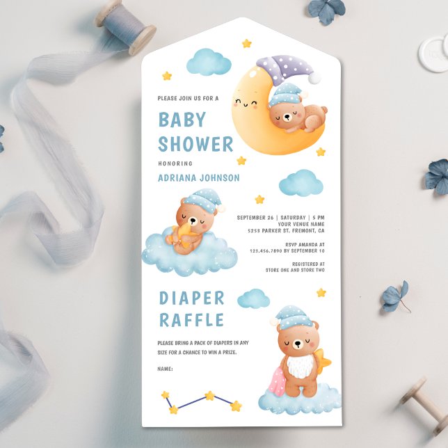 Cute Sleeping Teddy Bear Crescent Moon Baby Shower All In One Invitation (Creator Uploaded)