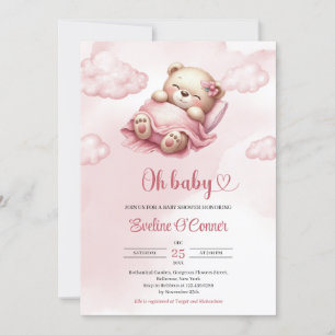 Cute sleeping teddy bear in pink sky and clouds invitation