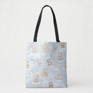 Cute Sleeping Teddy Bear Moon & Stars Baby Nursery Tote Bag