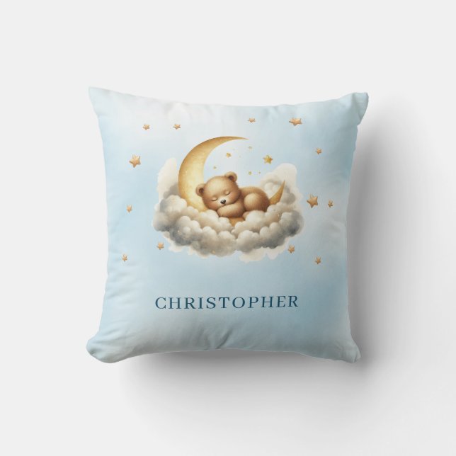Cute sleeping teddy bear over the cloud throw pillow (Front)