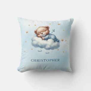 Cute sleeping teddy bear over the cloud throw pillow