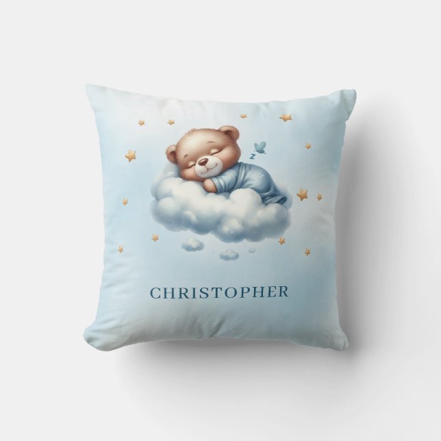 Cute sleeping teddy bear over the cloud throw pillow (Front)