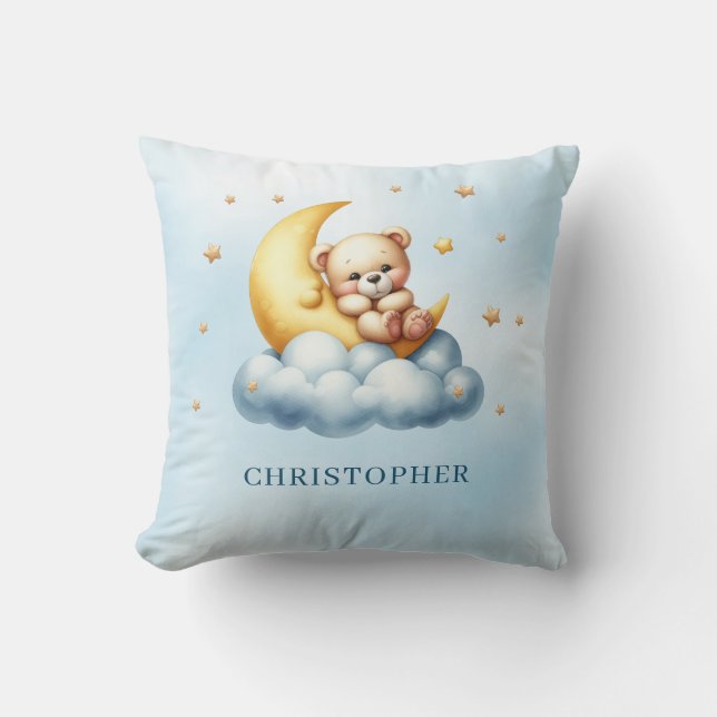 Cute sleeping teddy bear over the cloud throw pillow (Front)