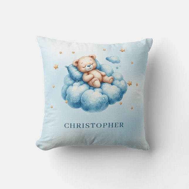 Cute sleeping teddy bear over the cloud throw pillow (Front)