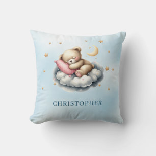 Cute sleeping teddy bear over the cloud throw pillow