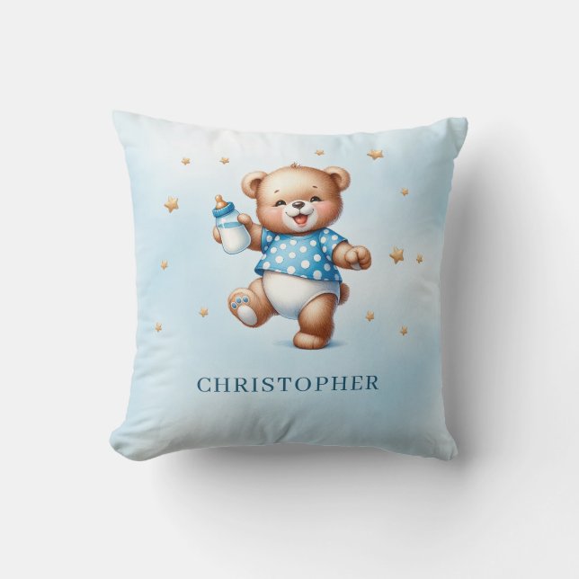 Cute sleeping teddy bear over the cloud throw pillow (Front)