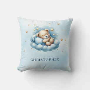 Cute sleeping teddy bear over the cloud throw pillow